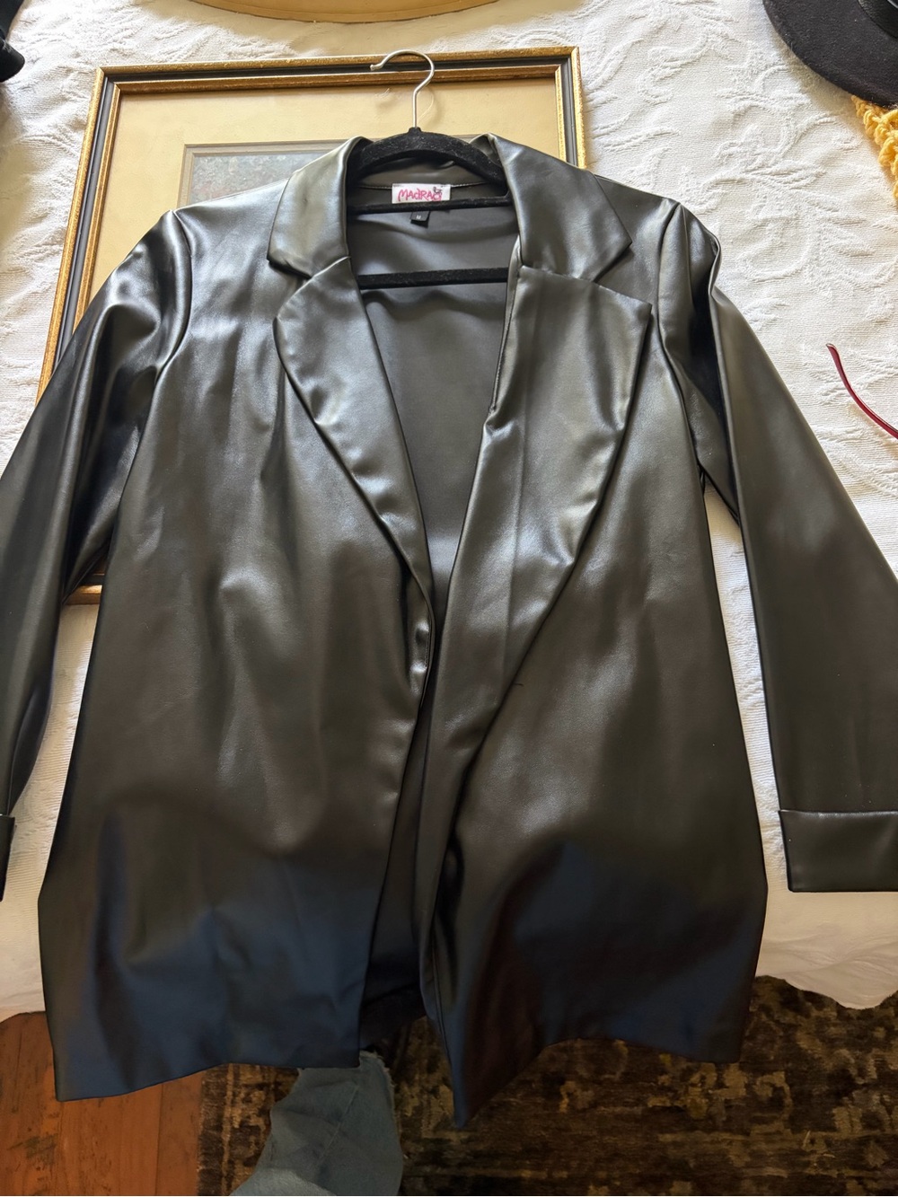 MACARON Black Vegan Leather Blazer - Tailored Open Front Jacket